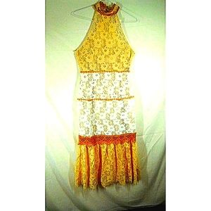 foxiedox Cream and Tan Lace Tiered Midi Dress
